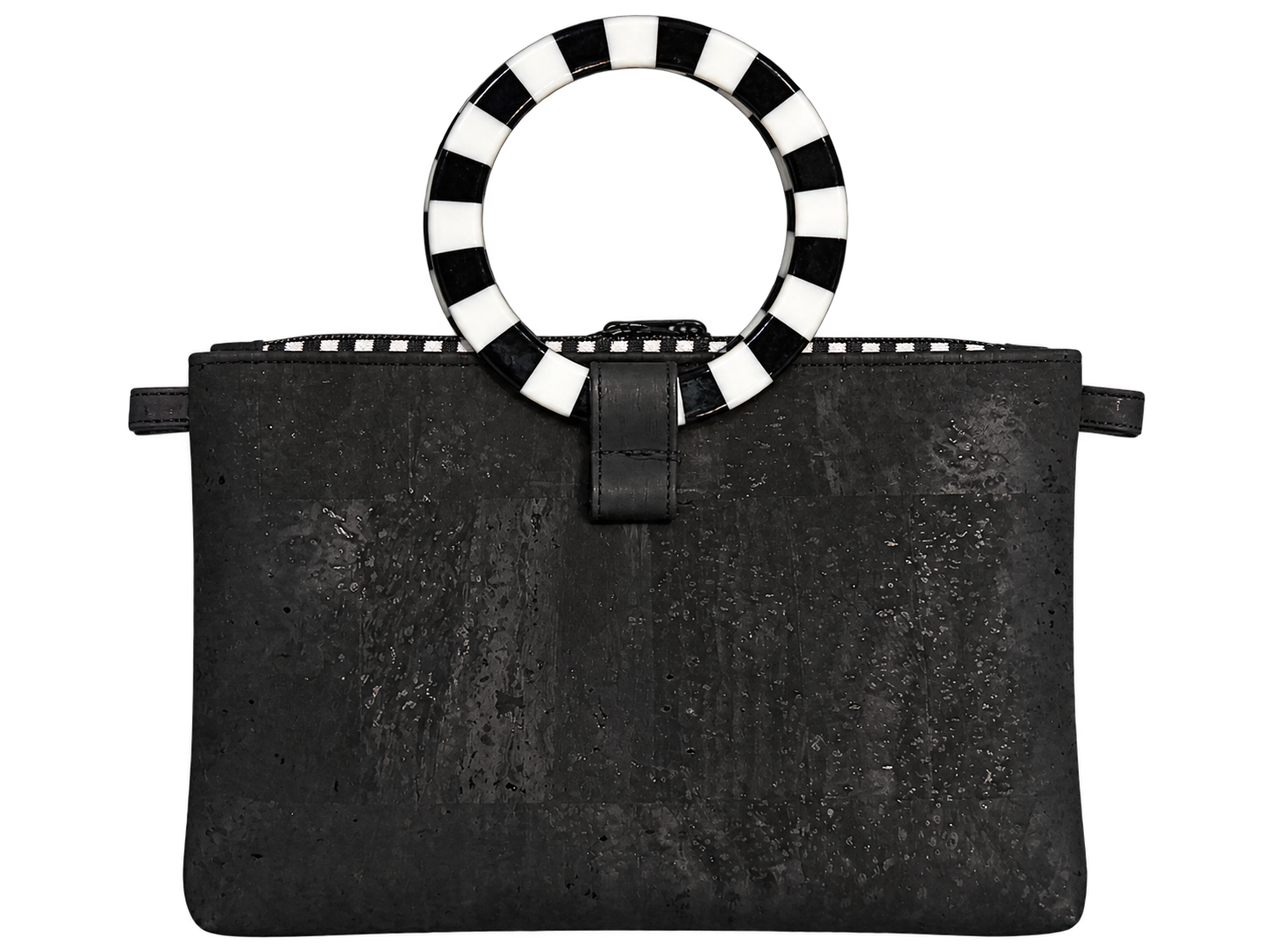 Black cork purse with round black and white acrylic handles
