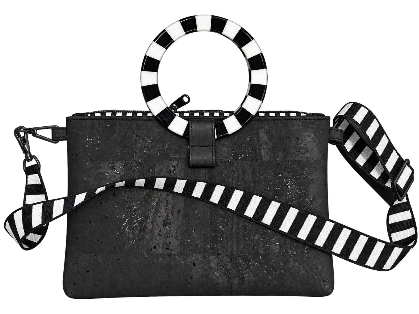 The same purse with its detachable black and white adjustable strap