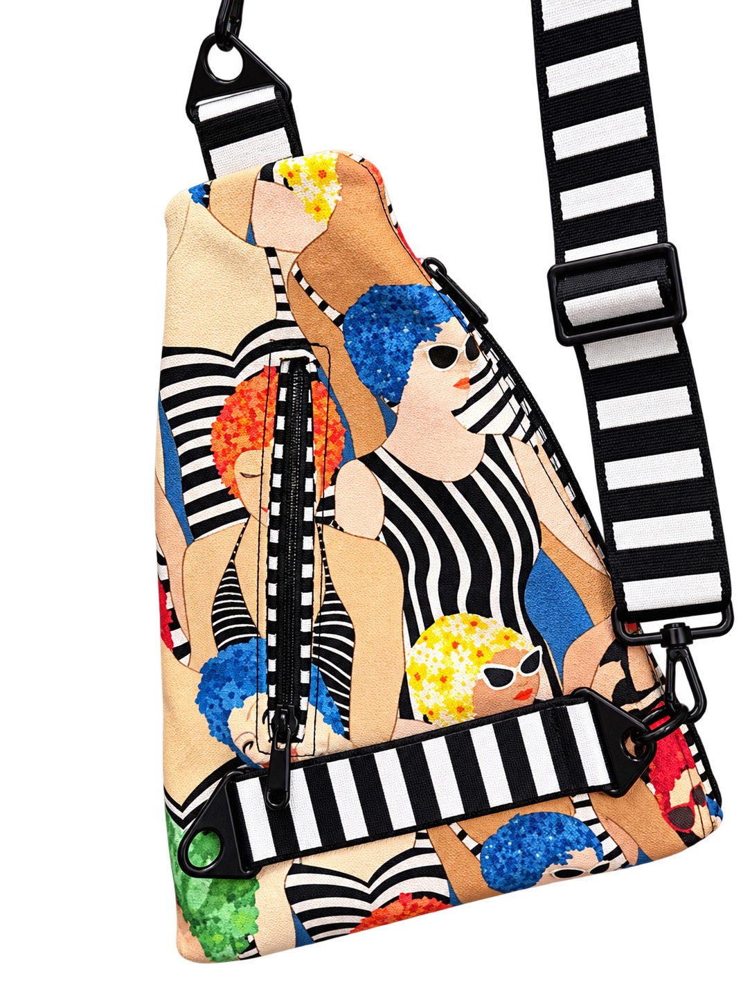Close view of the Laney Swimgirl Sling showing its front zipper and striped strap