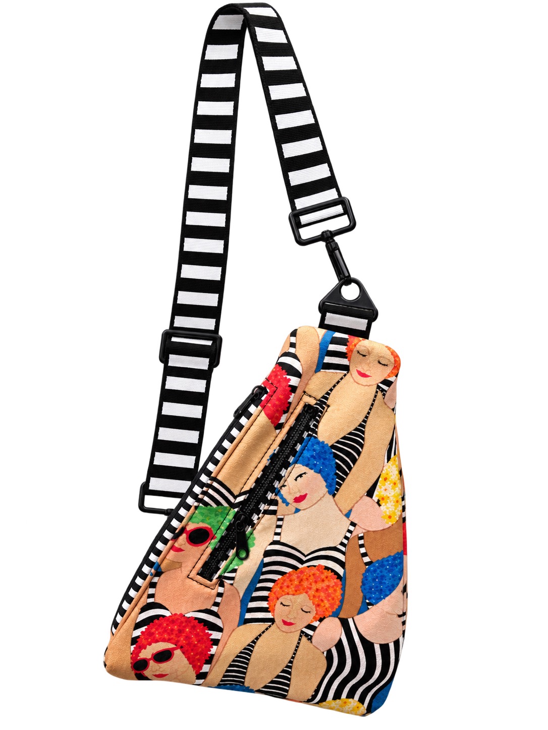Laney Swimgirl Sling in colorful swimsuit print with black and white striped adjustable strap